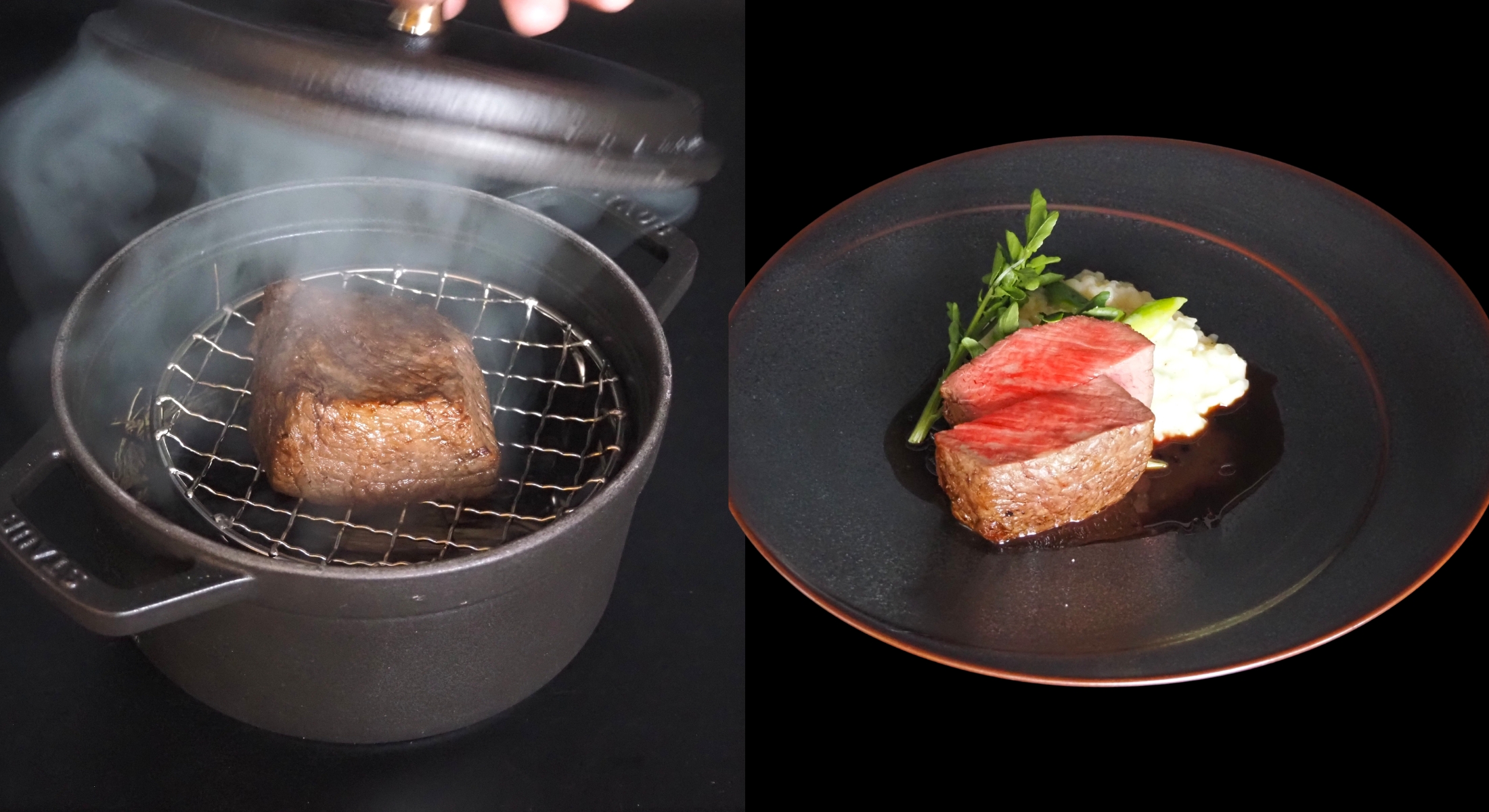 瞬間燻製で藁の香りを閉じ込めた牛ロース肉