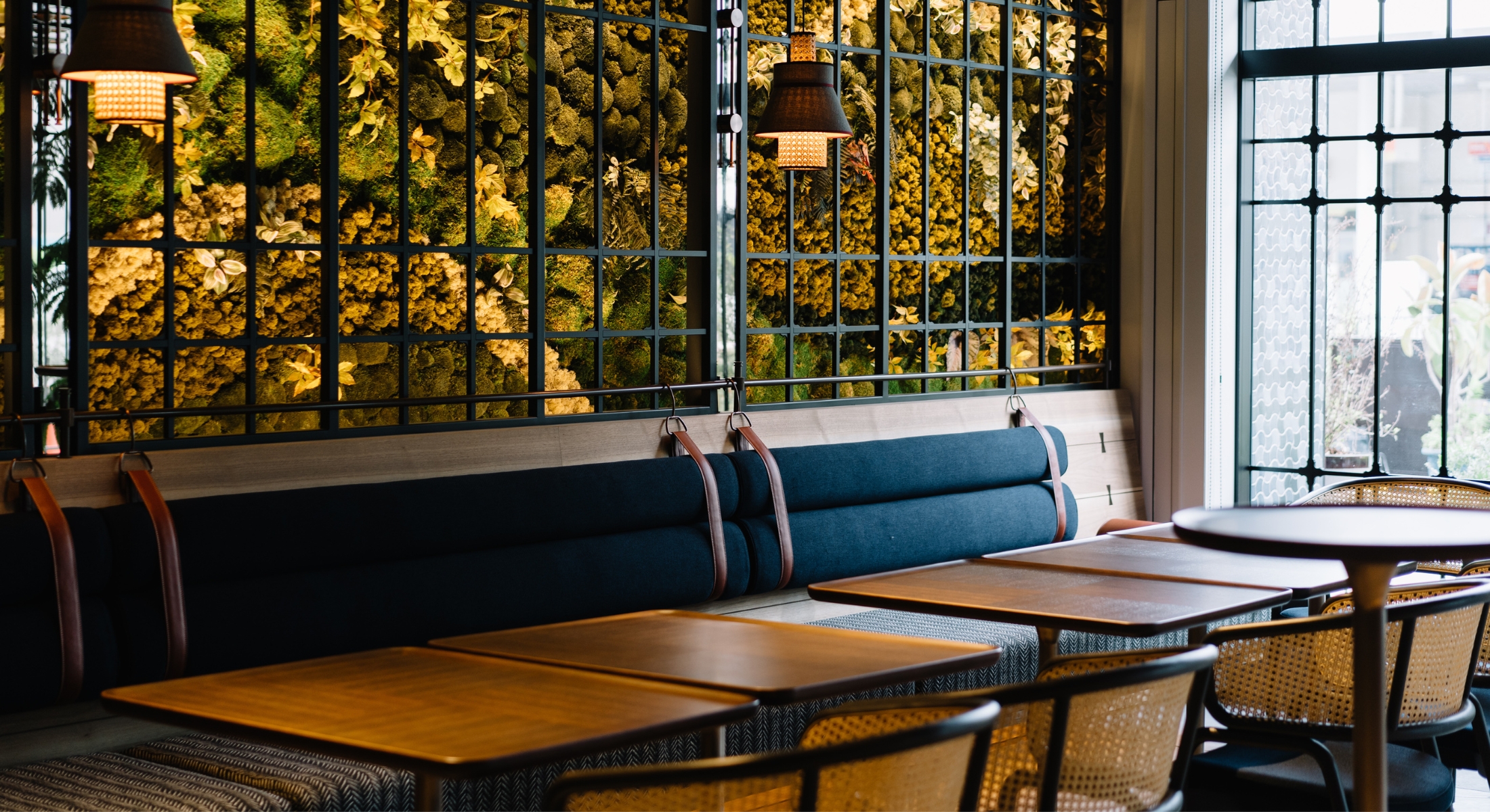 メルキュール京都ステーション内「TRATTORIA M KYOTO」の緑あふれる落ち着いたレストラン空間。